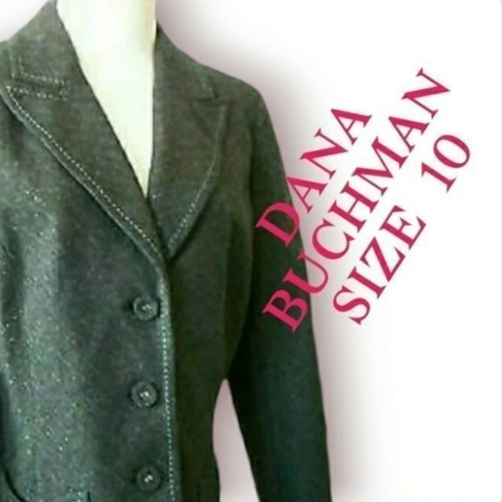DANA BUCHMAN WOOL BLAZER TAILORED COAT GRAY TEAL  PINSTRIPE SIZE 10 WOMENS
